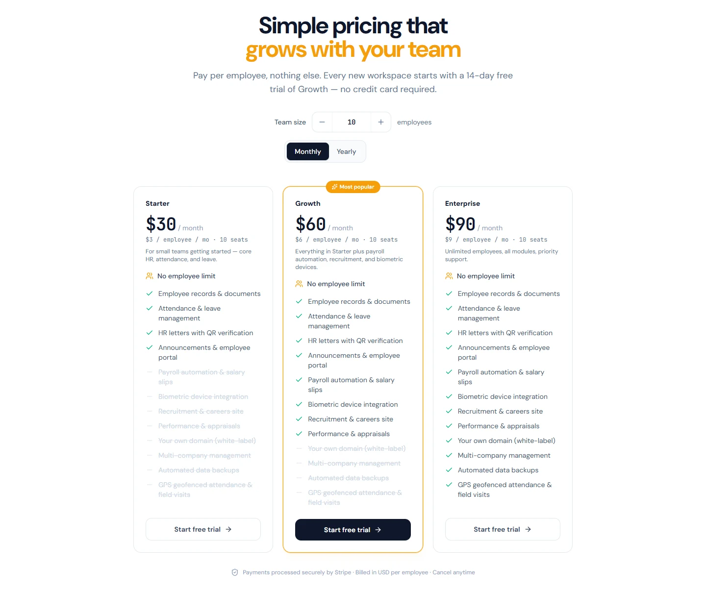 The pricing page: team size, billing cycle and the three plans
