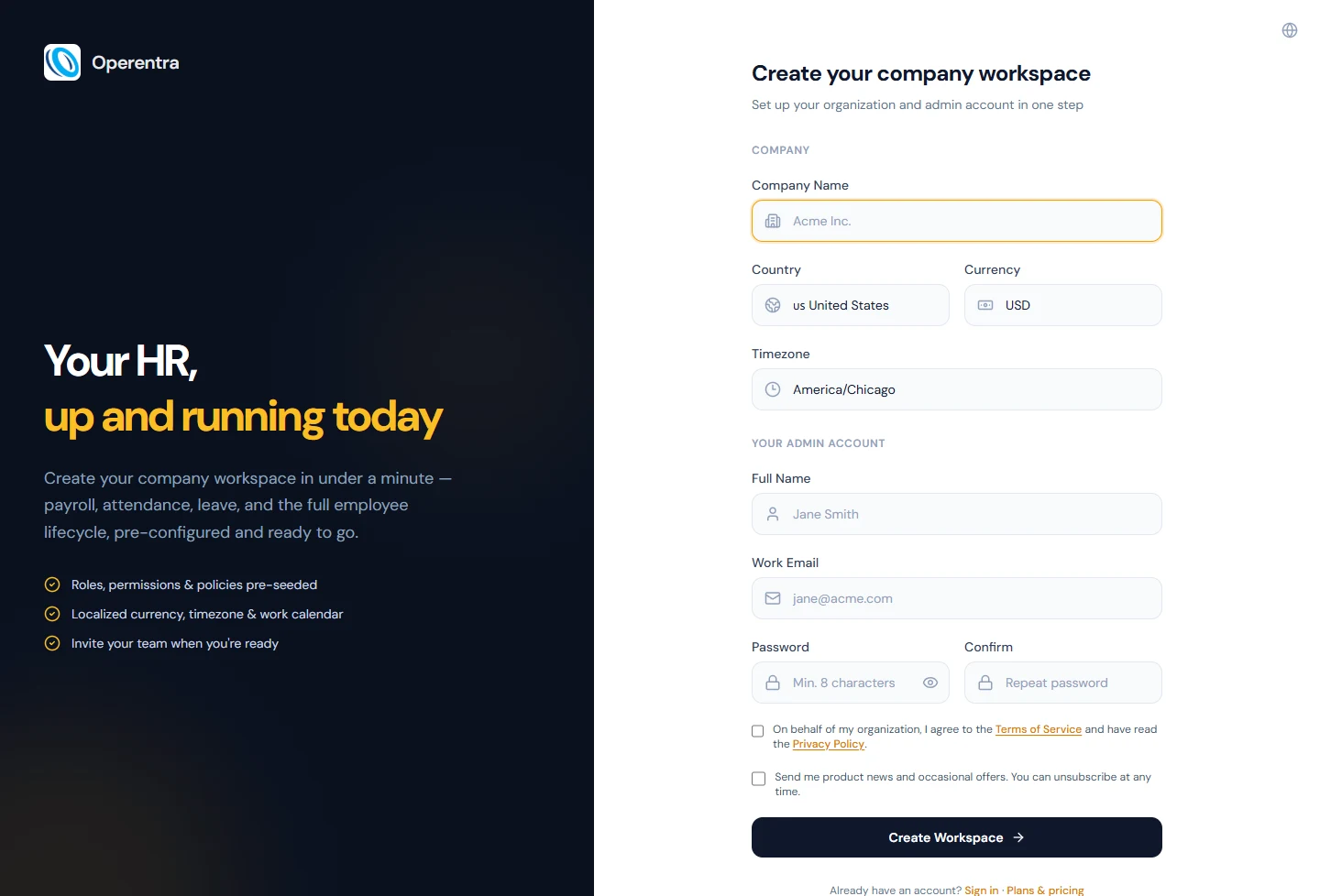The sign-up form, pre-filled for a company in the United States