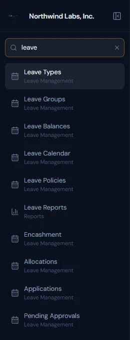Searching the menu for "leave": each result names its section