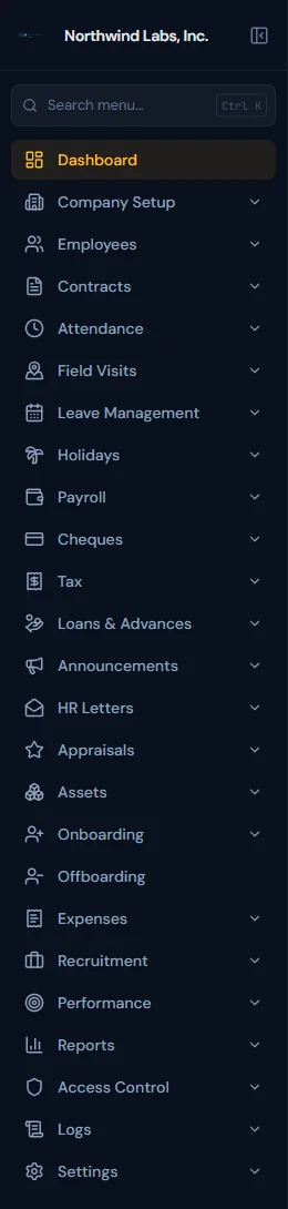 The admin sidebar: each HR function is a group of modules