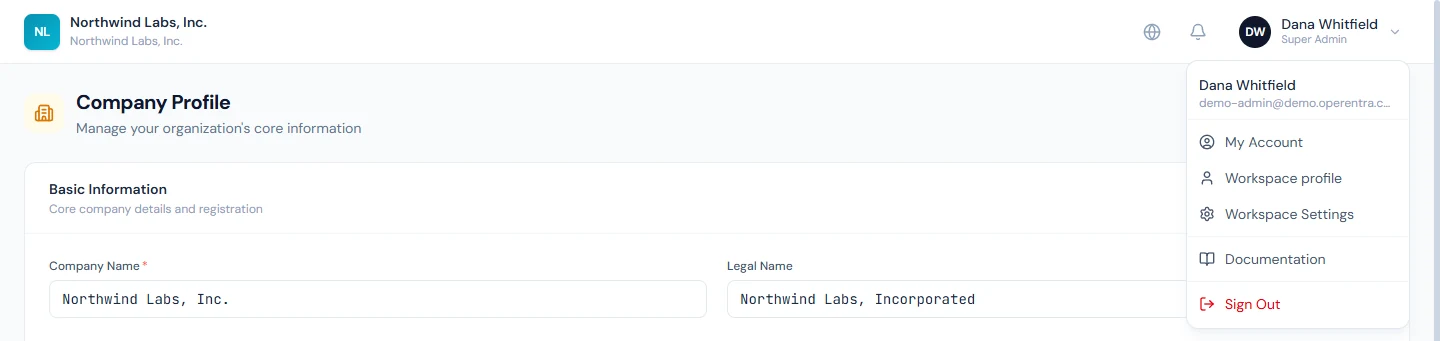 The top bar: company, language, notifications and the open user menu