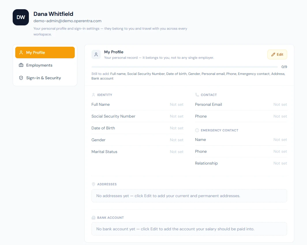 My Account: the personal profile, with the fields still to add