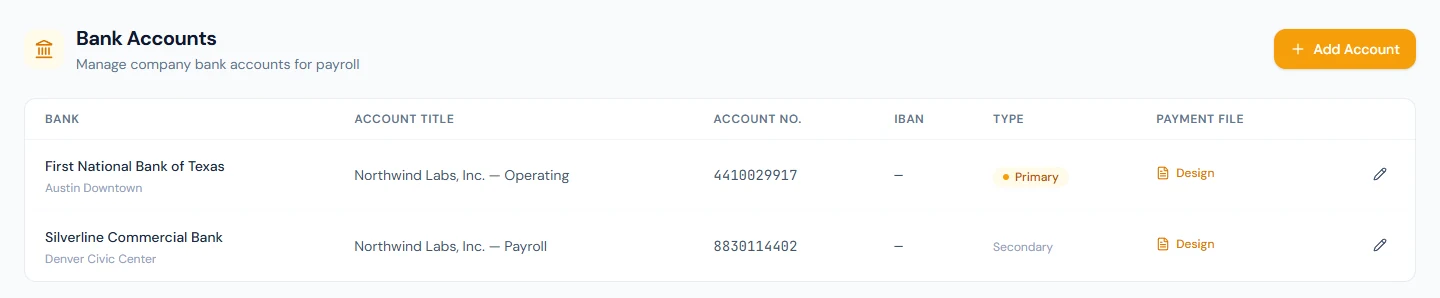 Company bank accounts: the primary operating account and a second account, each with its payment-file design