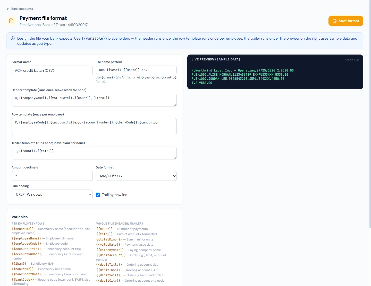 The payment-file designer: header, row and trailer templates with a live preview, and the variables they can use