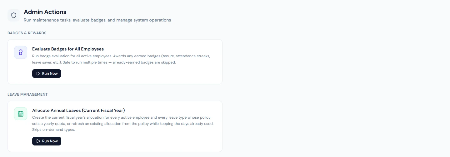 Admin Actions: evaluating badges and allocating the current fiscal year's leave