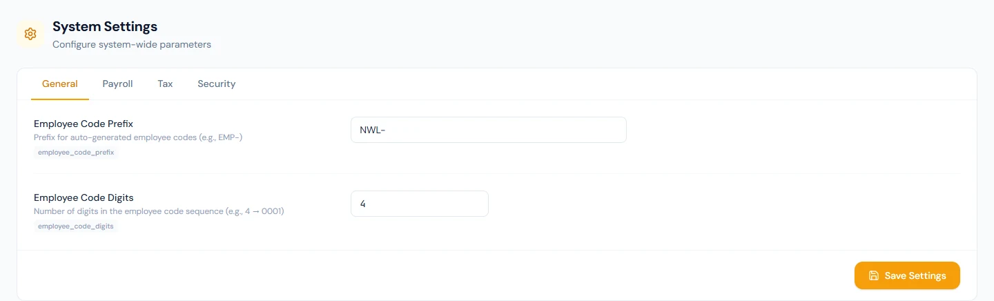 System Settings › General: the employee code prefix and number of digits