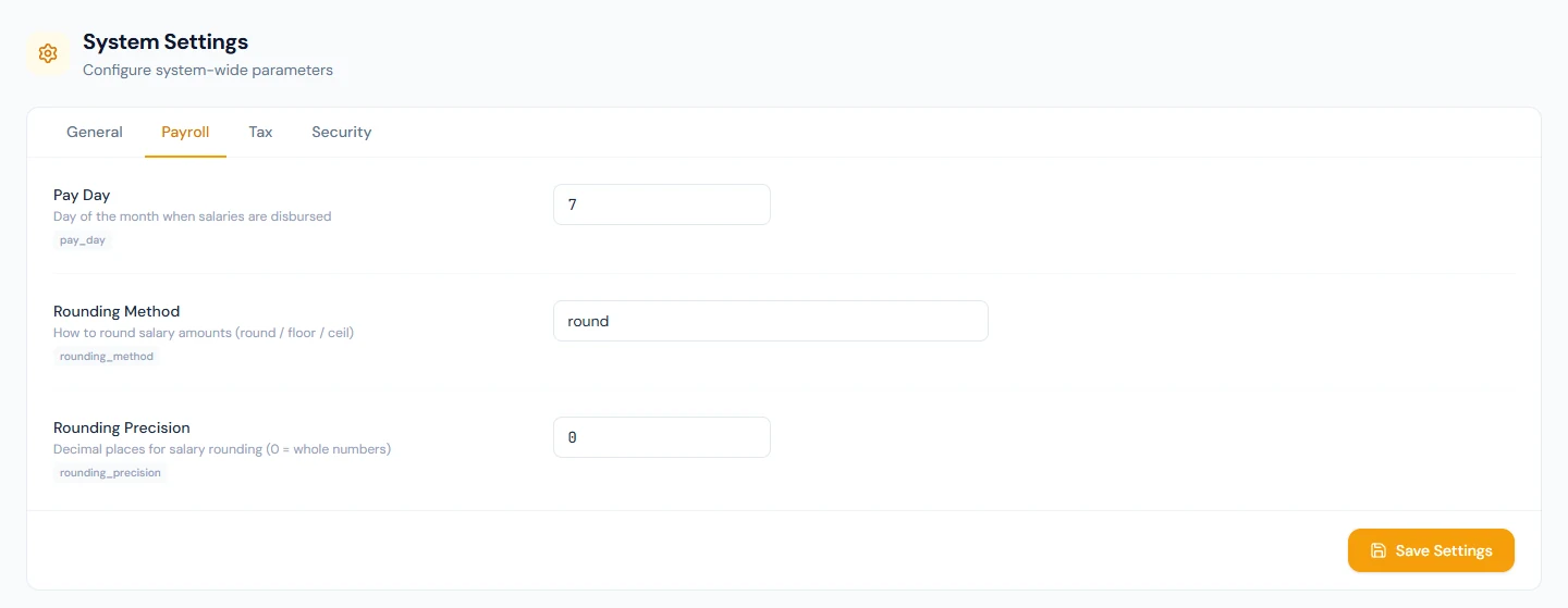 System Settings › Payroll: pay day, rounding method and precision