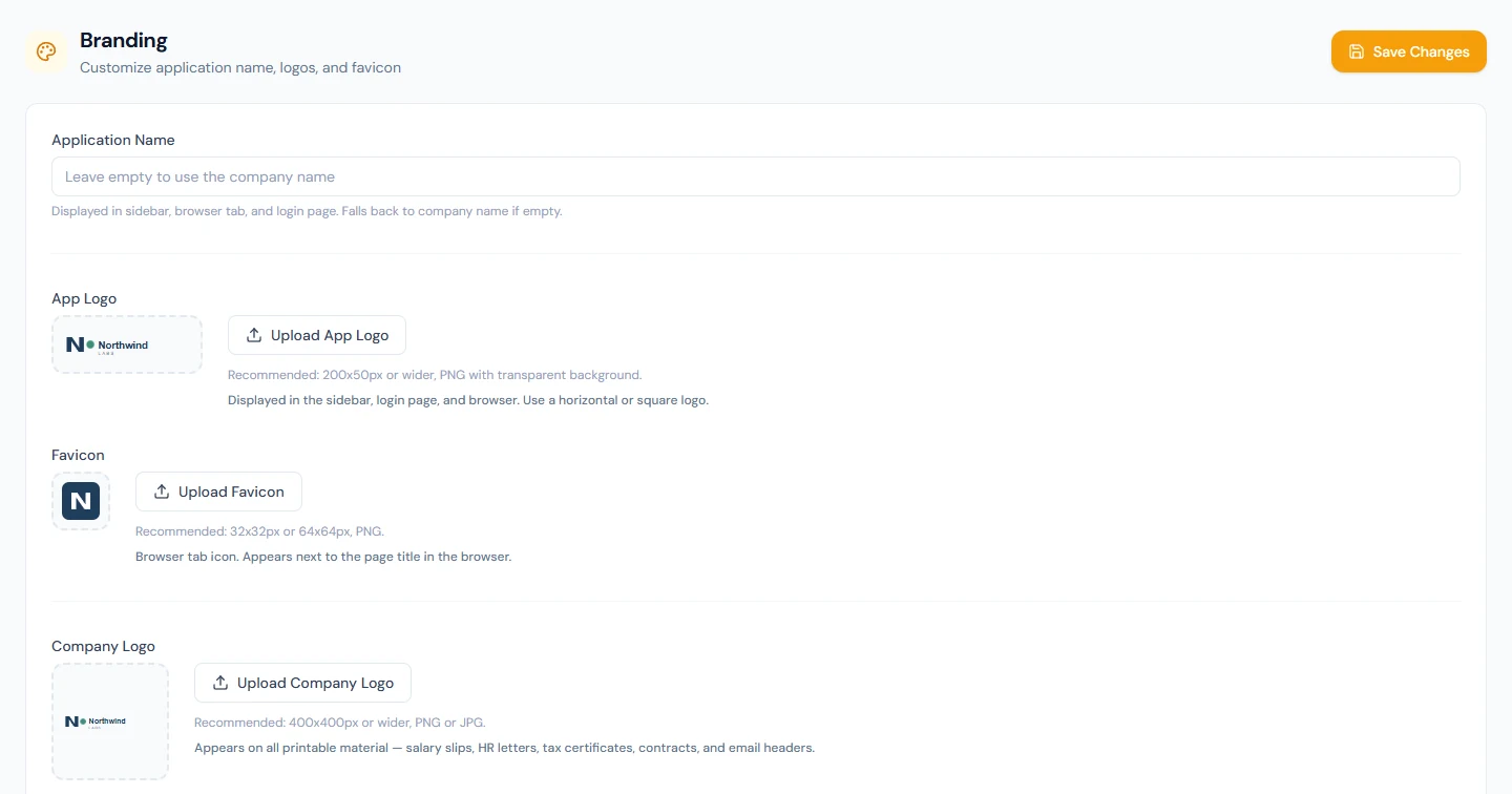 Branding: the application name, app logo, favicon and company logo