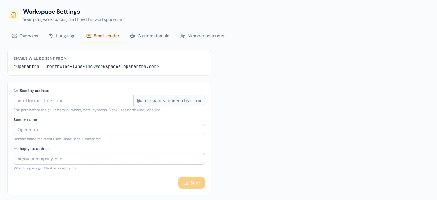Workspace Settings › Email sender: the sending address, sender name and reply-to