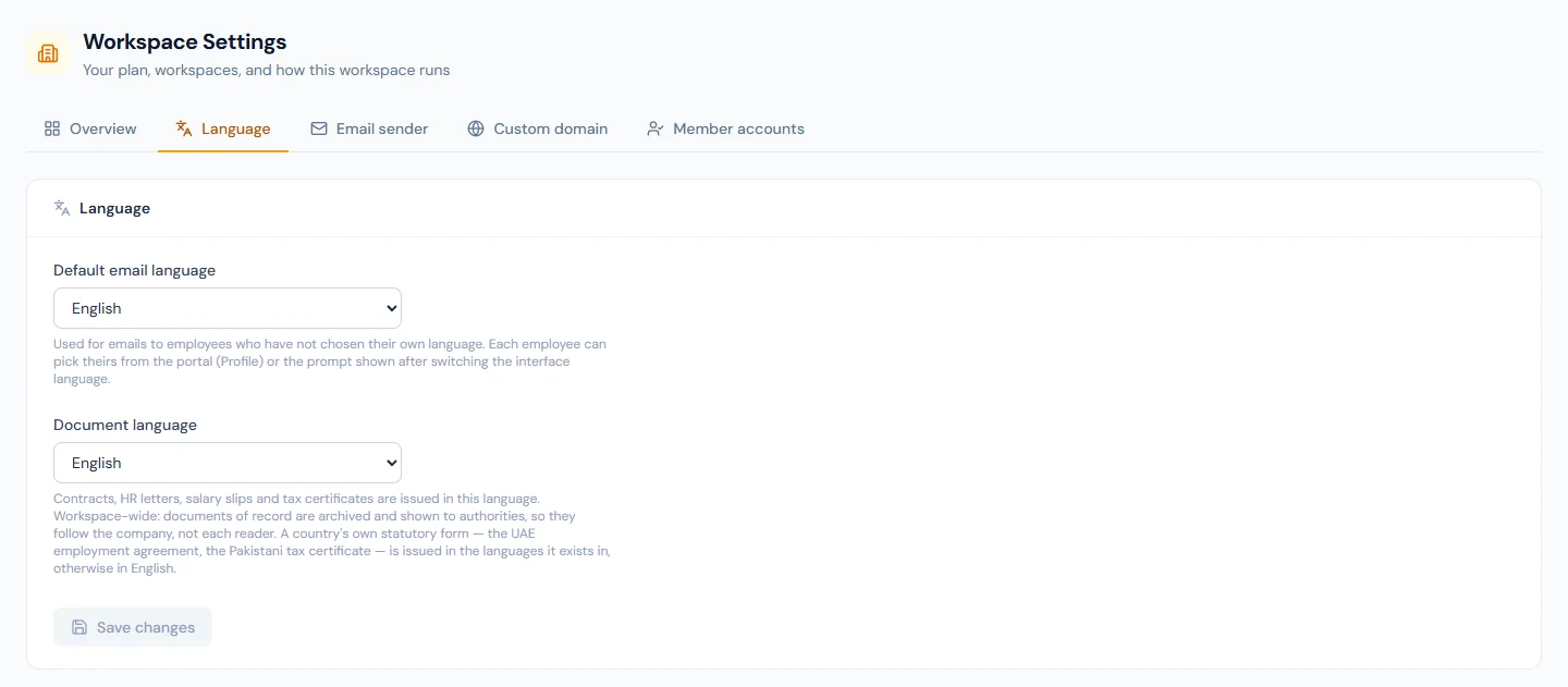 Workspace Settings › Language: the default email language and the document language