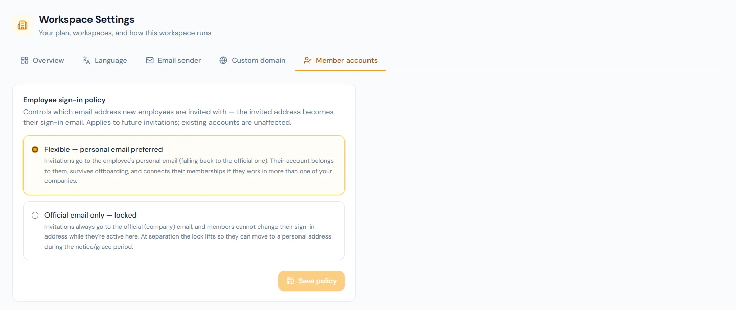 Workspace Settings › Member accounts: the employee sign-in policy