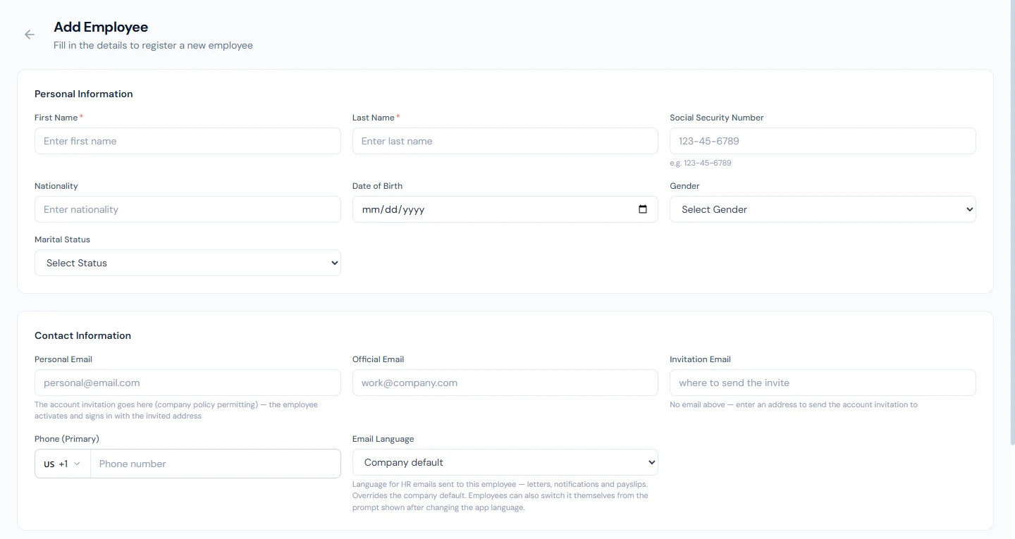 Add Employee: personal and contact details, with the identity number shaped for the workspace's country