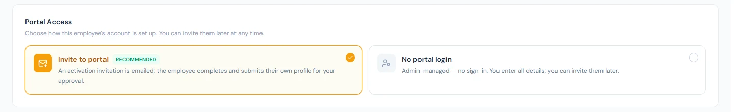 Portal Access: invite the employee to the portal, or keep a record with no portal login