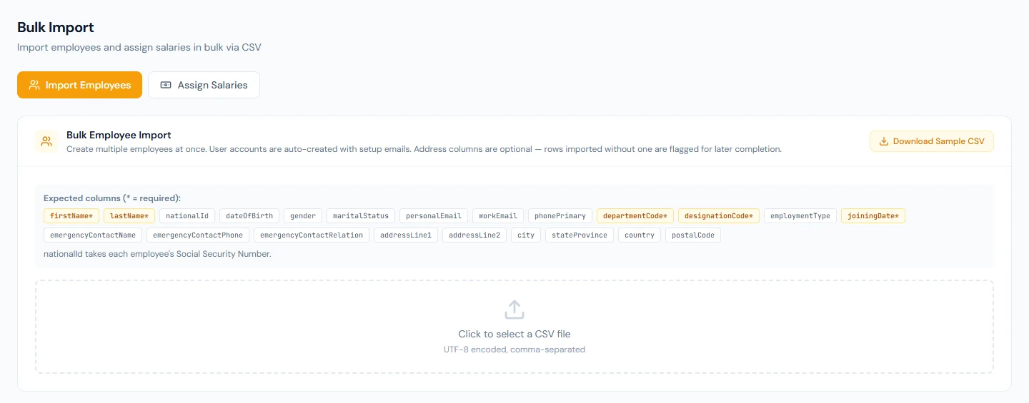 Bulk Import: the expected columns (required ones starred) and the sample CSV built for your workspace