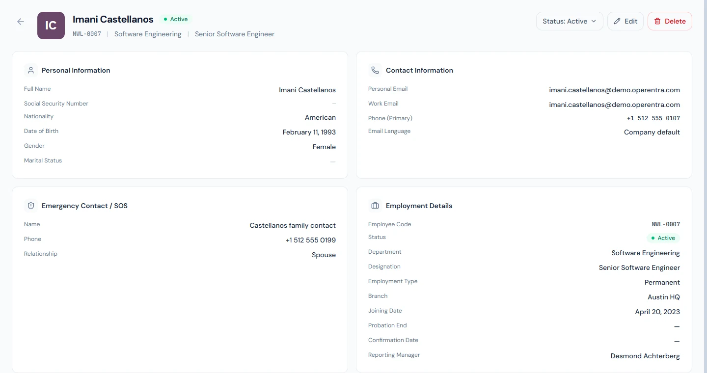 An employee profile: the header with the Status menu, Edit and Delete, then personal, contact, emergency and employment details
