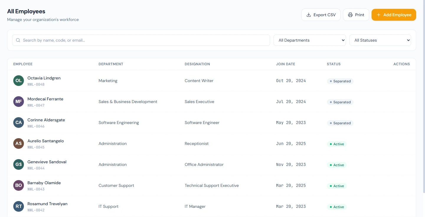 All Employees: search, department and status filters, Export CSV and Print