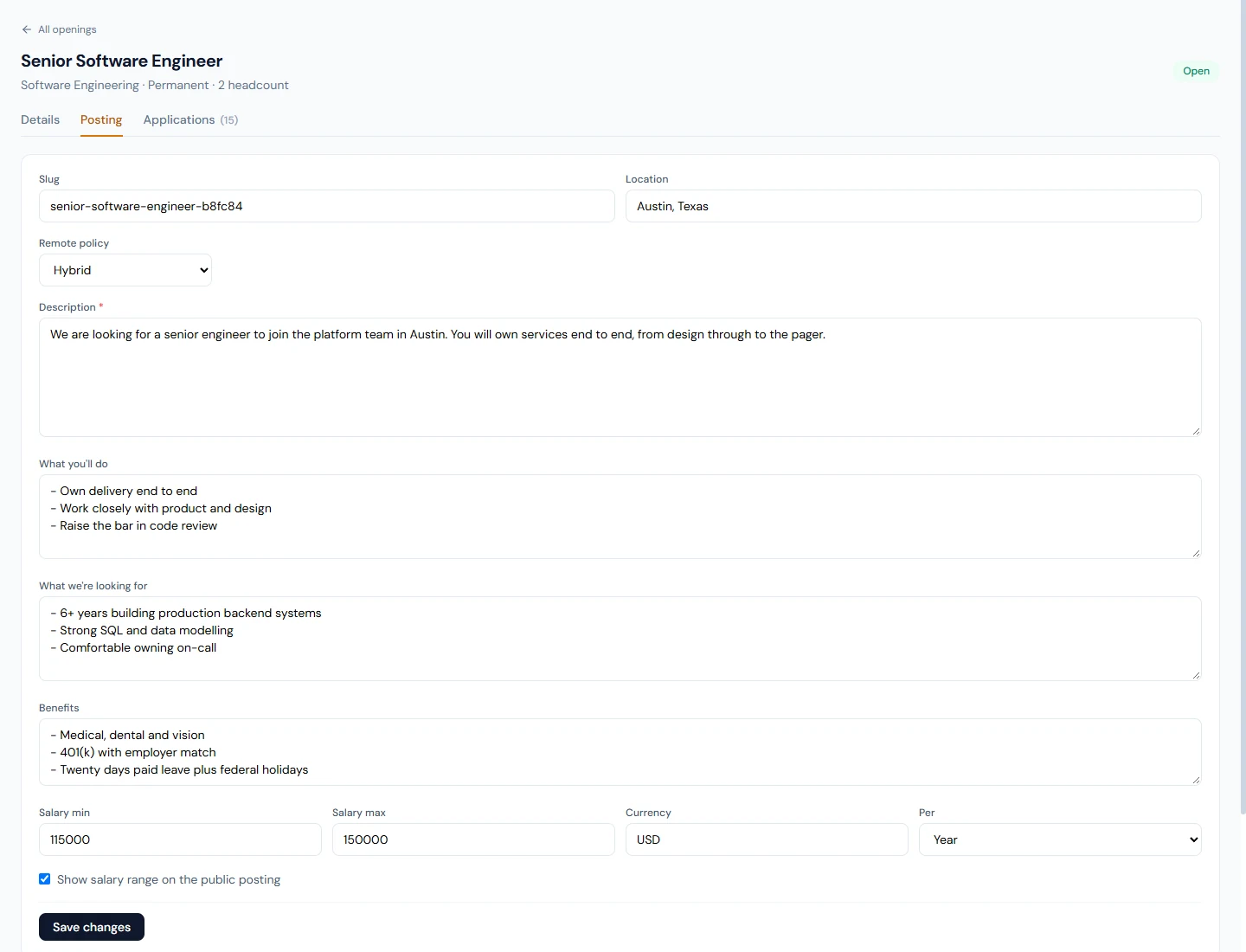 The Posting tab: slug, location, remote policy, the description sections, and the salary range with its period