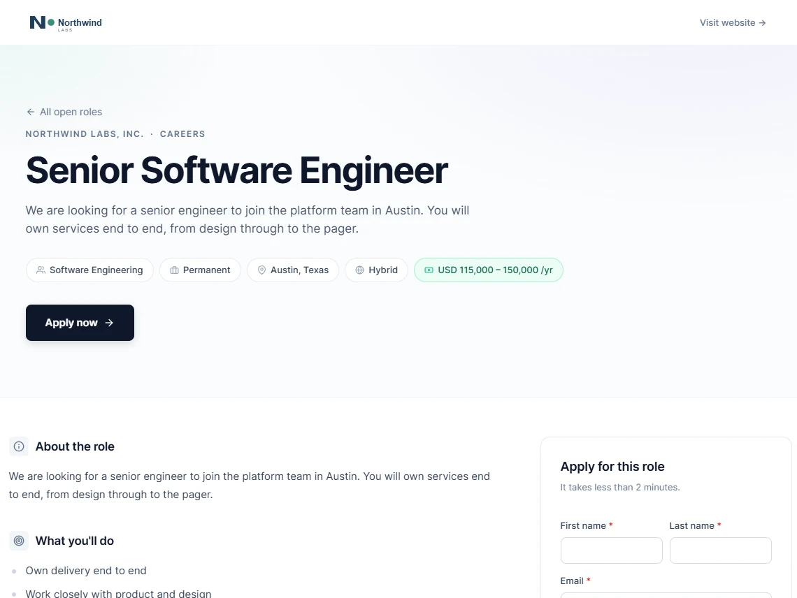 A job page on the careers site: title, tagline, badges with the salary range, Apply now, and the apply form beside the description