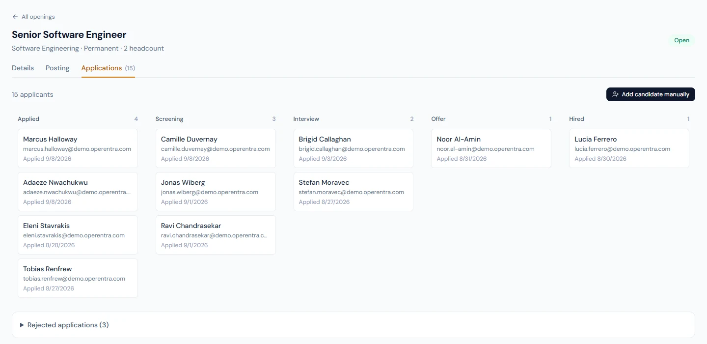 The pipeline board for one opening: a column per stage, rejected applications folded away below