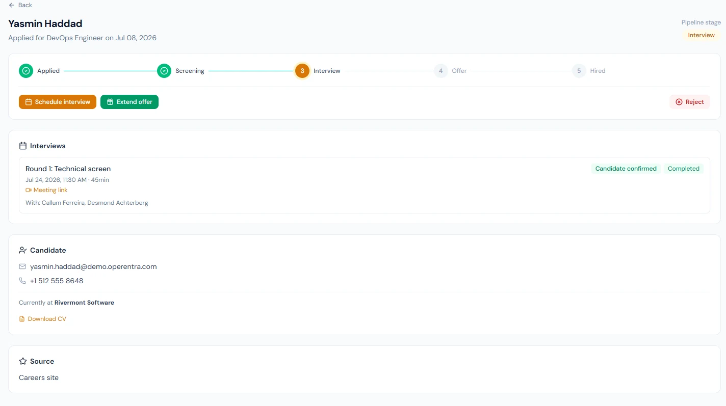 An application at the Interview stage: the pipeline, Schedule interview and Extend offer, the first round with its time, link, panel and status, and the candidate's details and source