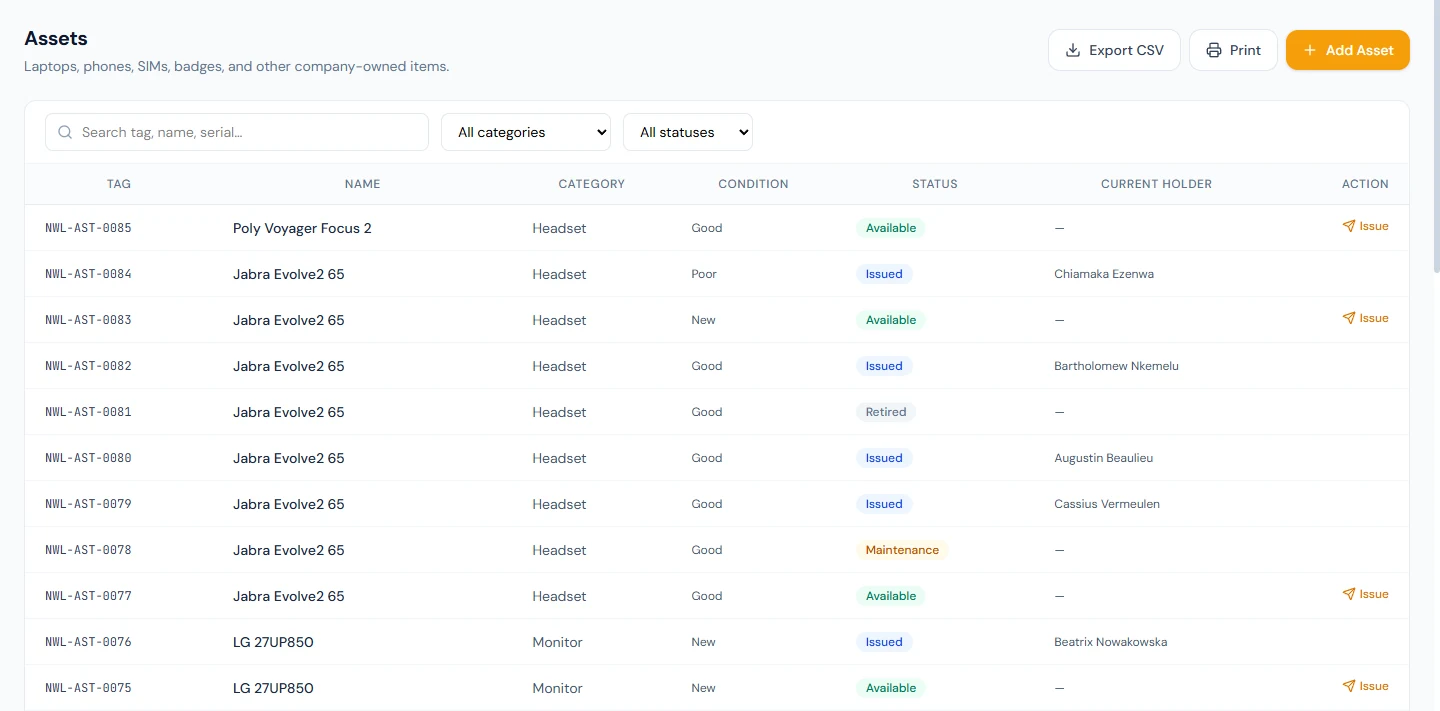 Assets: each item's tag, name, category, condition, status and current holder, with Issue for available items