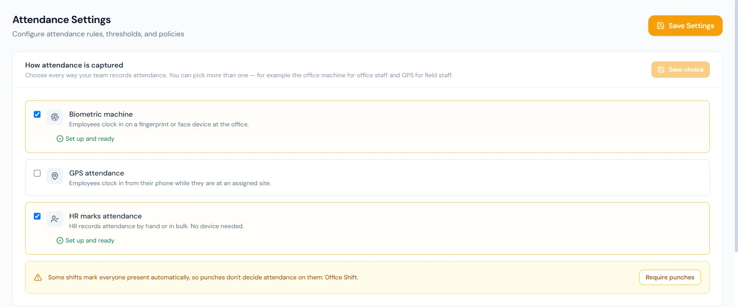 Attendance Settings: choosing capture methods, each with its readiness