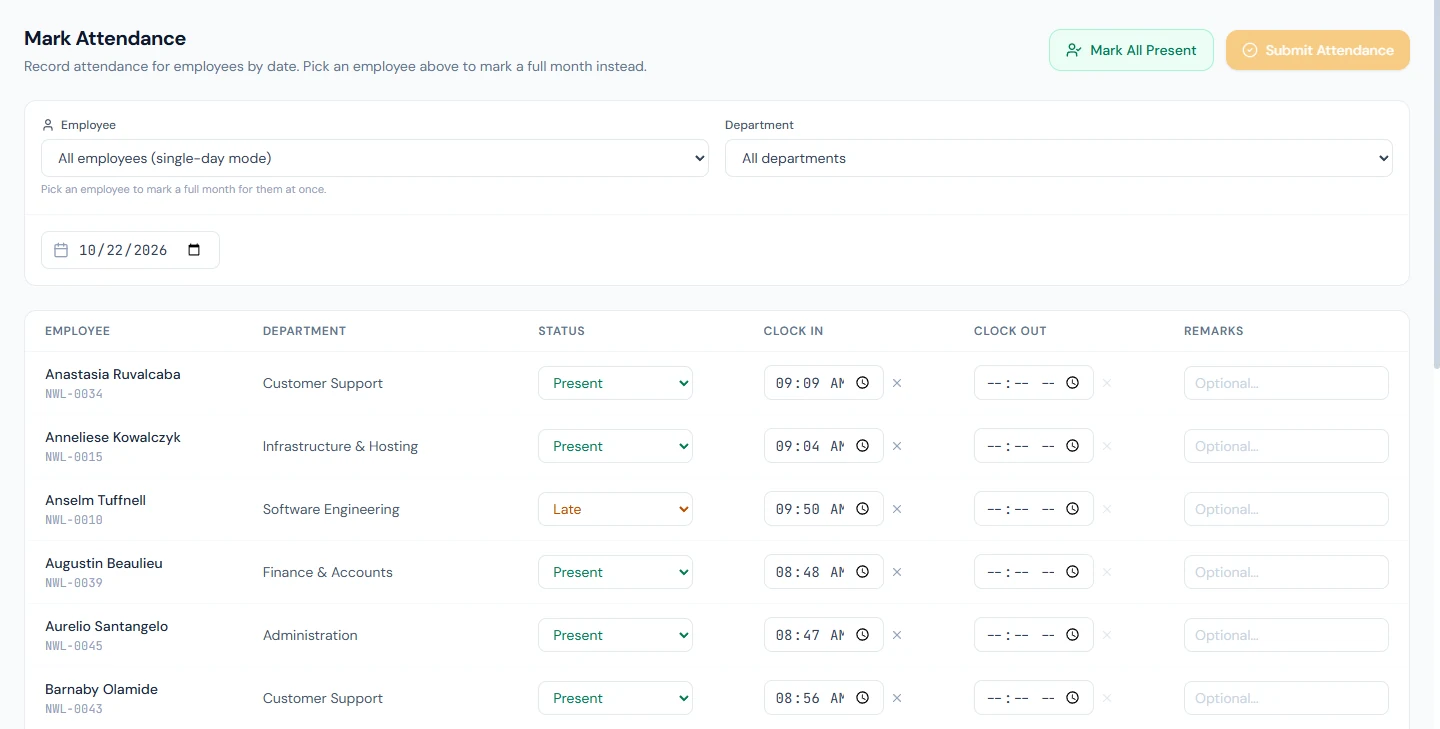 Mark Attendance in daily mode: every employee for one date, with status, clock times and remarks