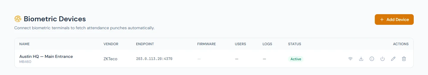 Biometric Devices: each terminal's vendor, endpoint, firmware, users, logs and status, with Add Device