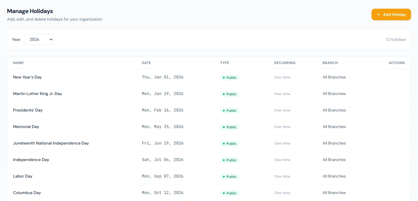 Manage Holidays: name, date, type, recurring or one-time, and the branch it applies to