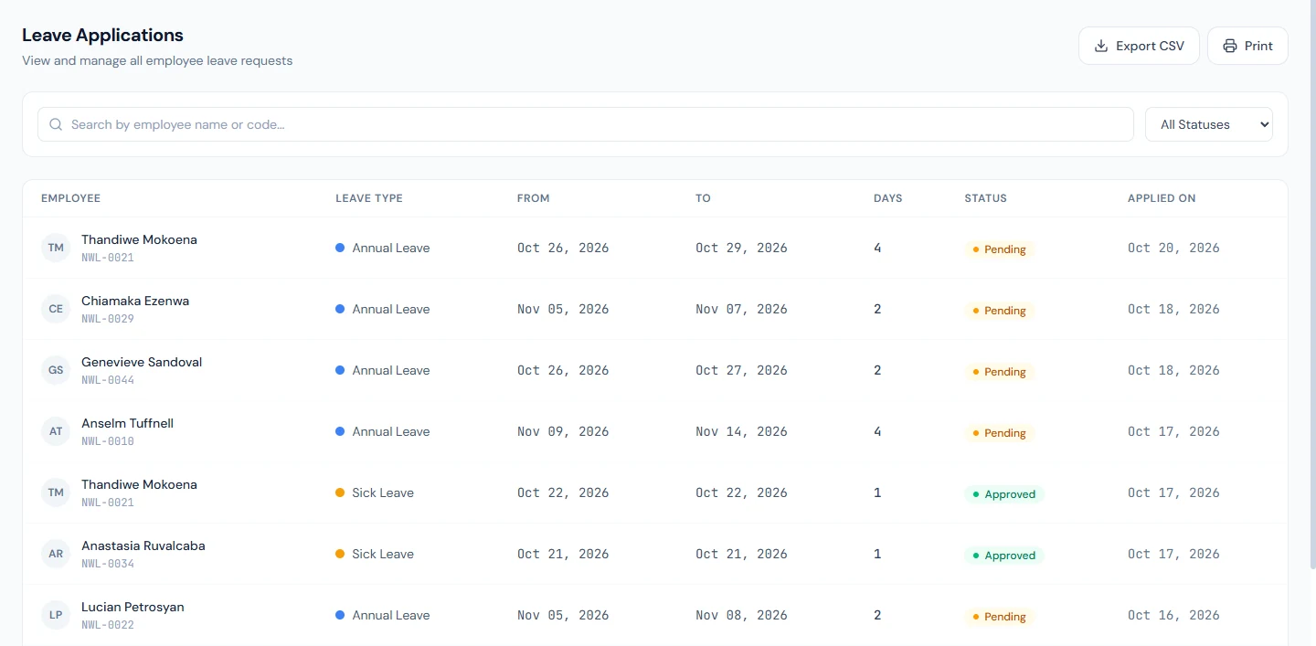 Leave Applications: every request with its dates, days, status and applied date, with search, status filter, export and print
