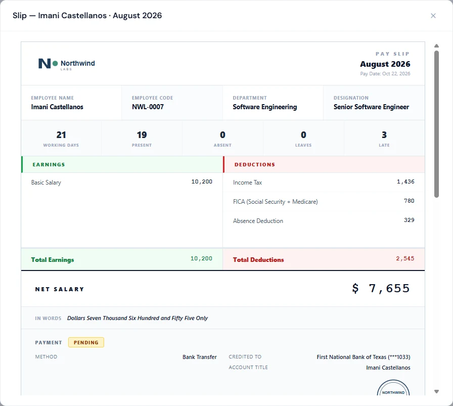 A payslip: the attendance summary, earnings and deductions, net salary in figures and words, and the payment details
