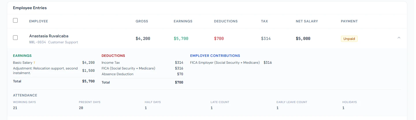 One payroll entry expanded: earnings including an adjustment, deductions including a half day's absence, the employer's contribution, and the attendance counts behind them