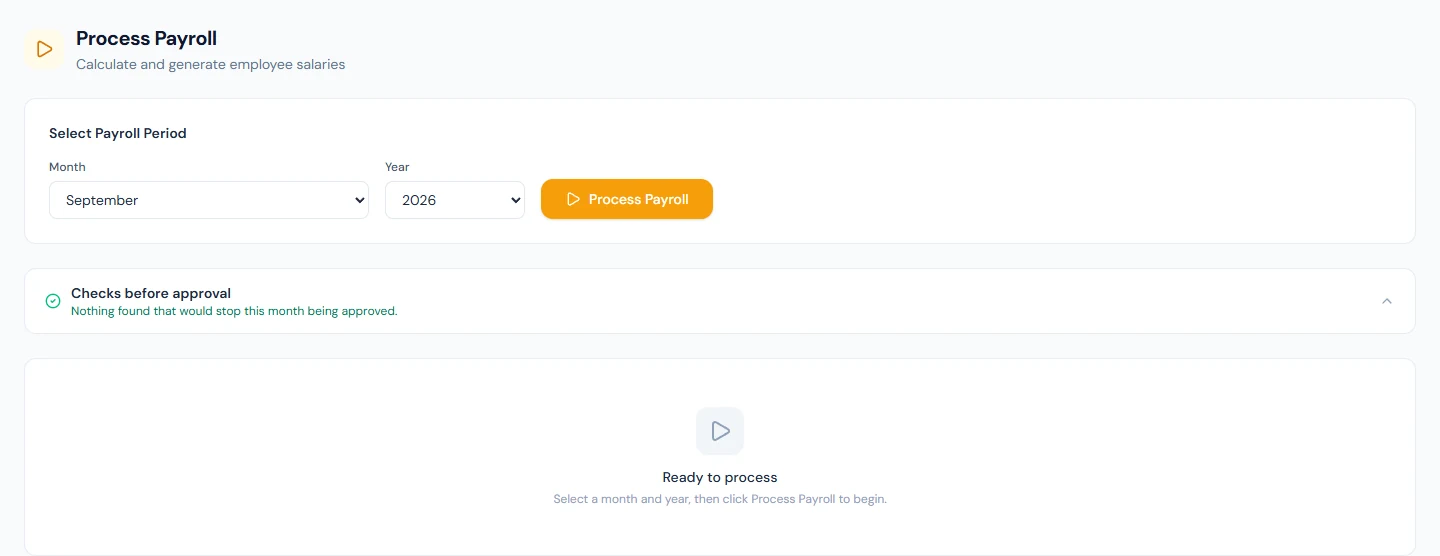 Process Payroll: pick the month, see the checks before approval, and process