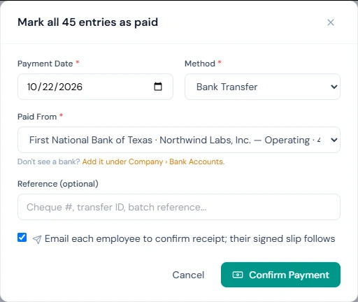 Mark as Paid on a locked run: payment date, method, the company account it was paid from, a reference, and the option to email each employee