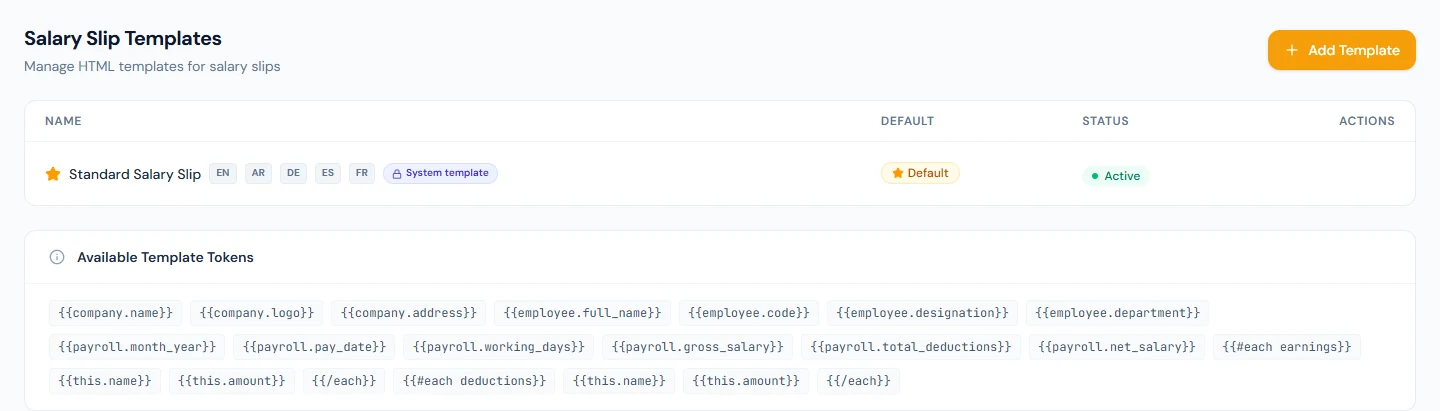 Salary Slip Templates: the default system template with its languages, and the tokens a template can use