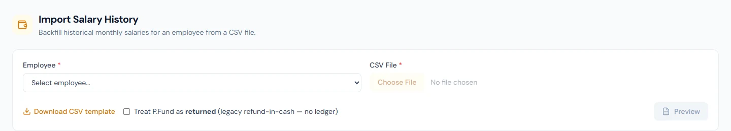 Import Salary History: pick the employee and the CSV file, download the template, then preview