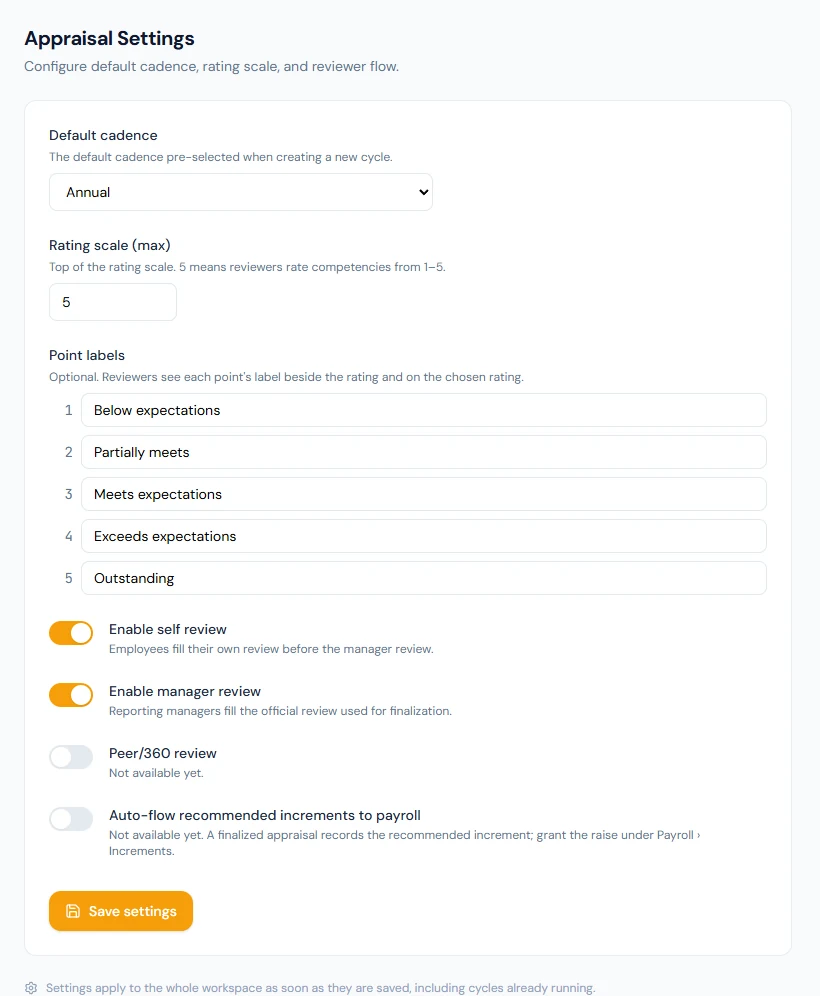 Appraisal Settings: default cadence, the rating scale and its point labels, and which reviews the flow includes