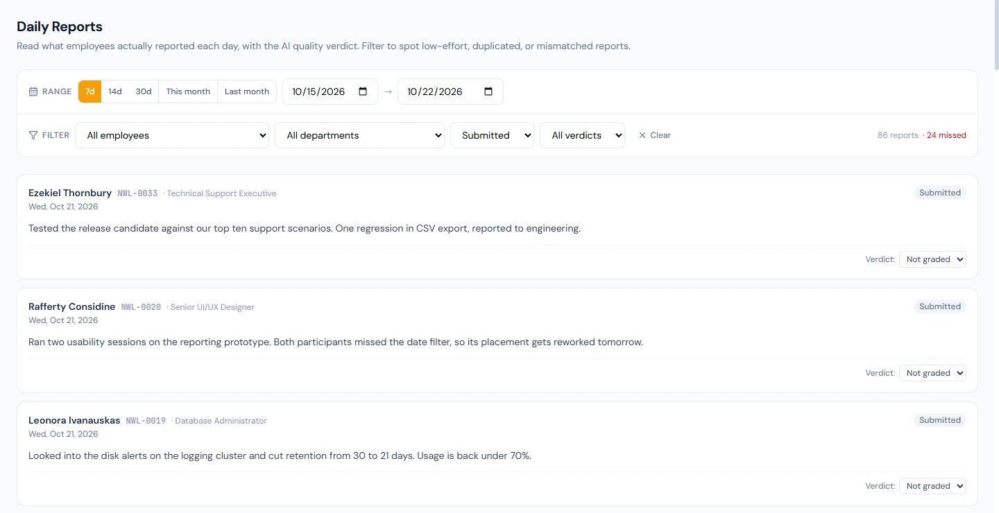 Daily Reports for the last 7 days, filtered to submitted reports: each with its text and a verdict HR can set