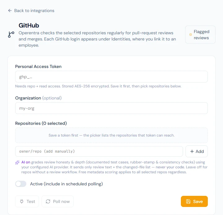 The GitHub connection: personal access token, organization, repositories, AI review grading and the polling switch