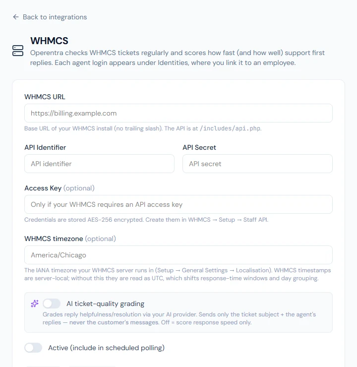 The WHMCS connection: URL, API identifier and secret, access key, server time zone and AI ticket grading