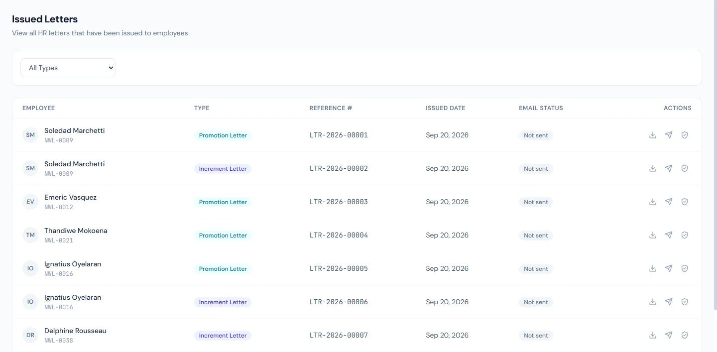 Issued Letters: each letter's type, reference number, issue date and email status, with download, send and verification actions