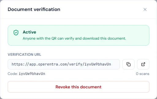 Document verification for an issued letter: active, its verification URL and code, the scan count, and Revoke