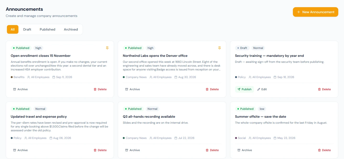 Announcements: published, pinned and draft announcements with their category, audience and date