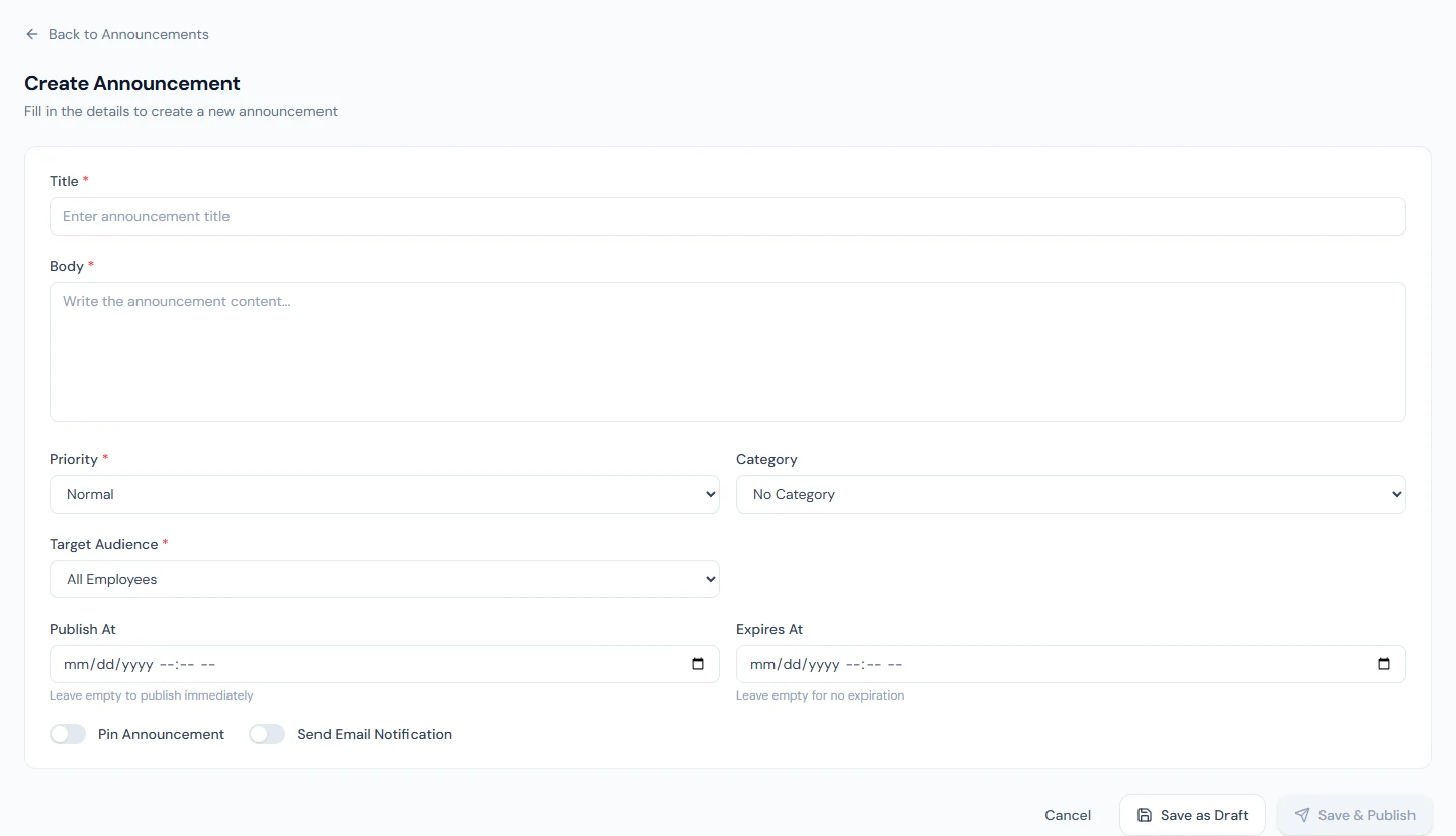Create Announcement: title, body, priority, category, audience, publish and expiry times, pinning and email notification