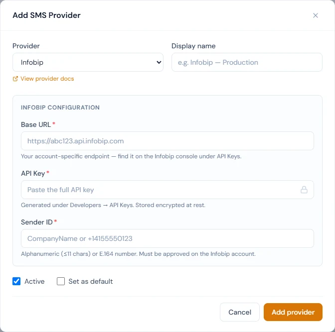 Add SMS Provider: the provider, a display name, and that provider's configuration fields, with Active and Set as default