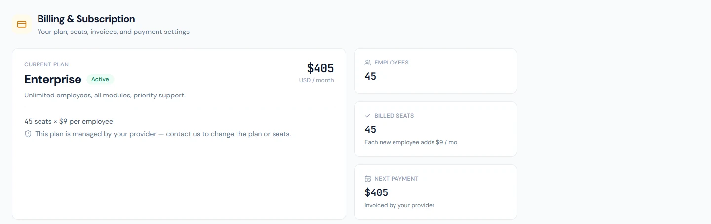 The Billing page: the current plan, employees, billed seats and the next payment