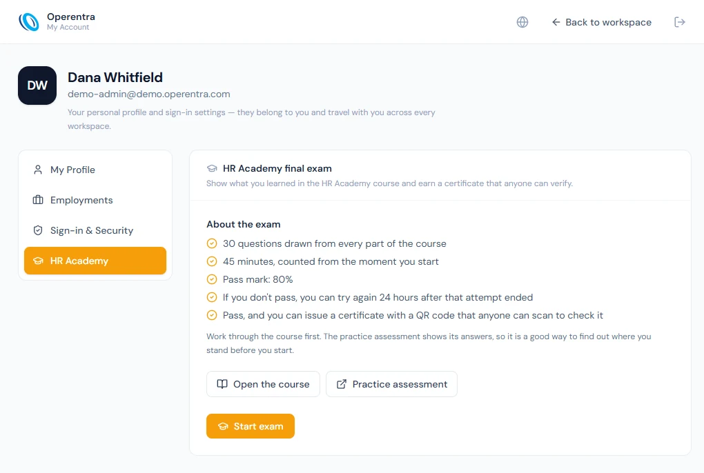 My Account › HR Academy: the final exam's rules, links to the course and the practice assessment, and Start exam