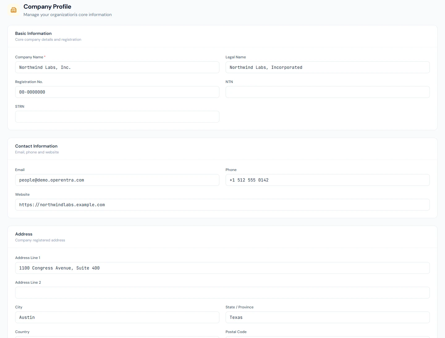 The company profile form
