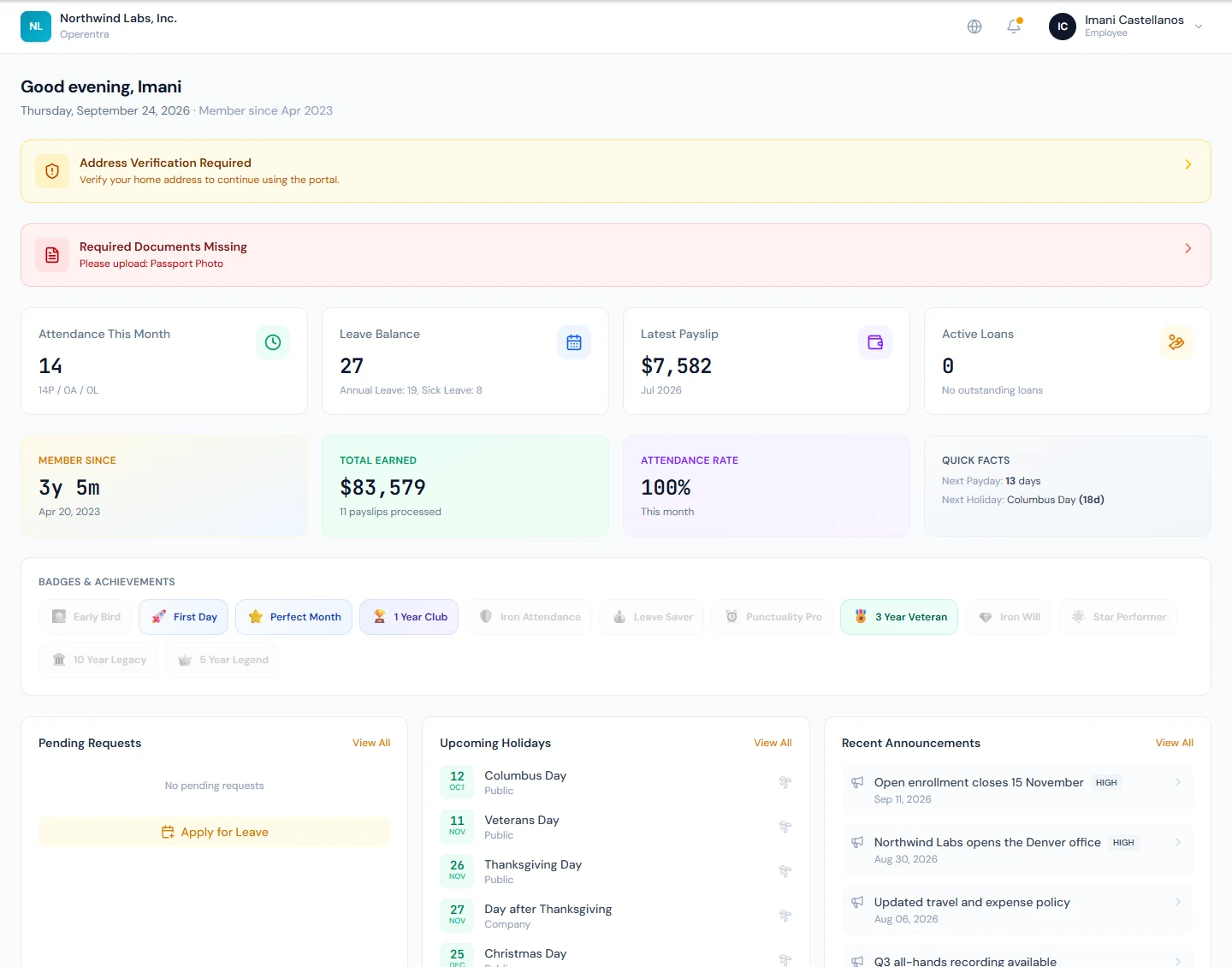 The portal dashboard: stat cards, journey strip and action banners