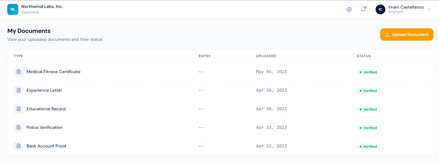 My Documents with each upload's verification status